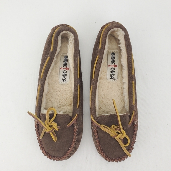 Minnetonka Cally Moccasins Chocolate Brown Suede Slipper Pile Lined 4012 Wmns 6 - Picture 4 of 16
